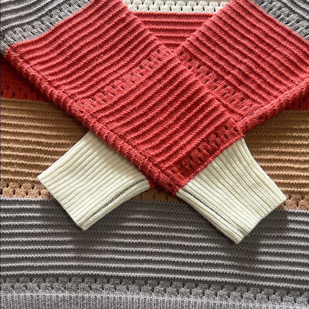 Main Strip V-Neck Striped Sweater - Red, Cream, Brown